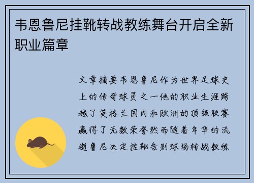 韦恩鲁尼挂靴转战教练舞台开启全新职业篇章